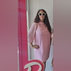 Vintage Pink Sheath Dress with Bishop Sleeves and Mock Neck
